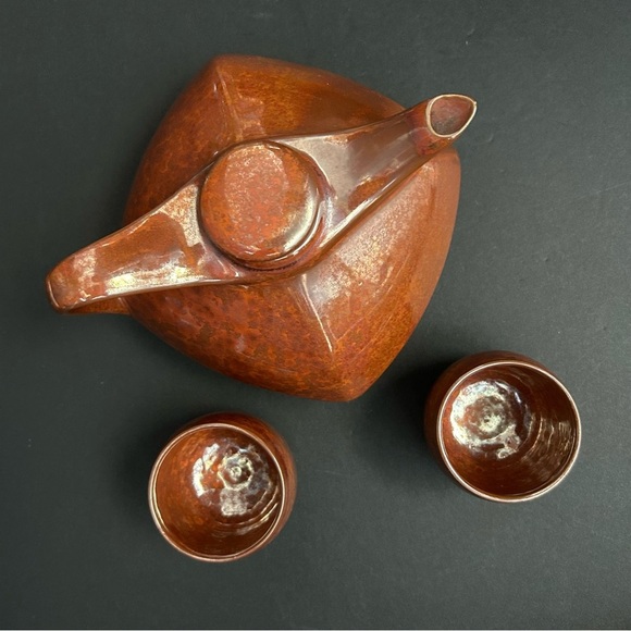 Vintage Mid-Century Modern Ceramic Rust Brown Teapot Set with Two Cups - Picture 7 of 16